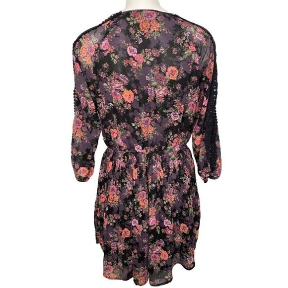 American Rag cie Dress Womens MEDIUM Black Purple Pink Green Long Sleeve Chiffon - Picture 2 of 9